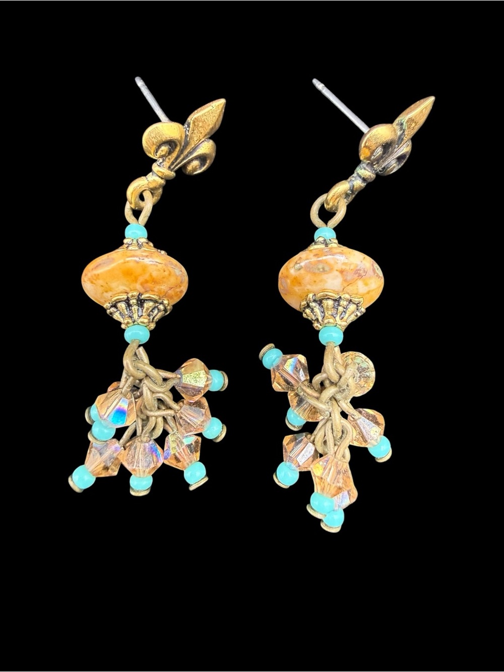 Artisan Gold-Tone Fleur d Lis Drop Earrings with Amber and Turquoise Beads